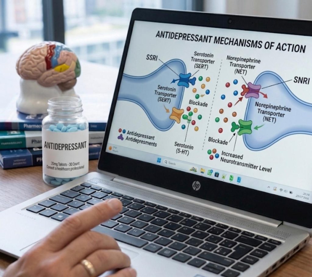 A photo of a professional desk with a laptop displaying a detailed infographic on antidepressant mechanisms. Next to the laptop are a brain model, pharmacology books, and a bottle of blue pills labeled "ANTIDEPRESSANT." A hand with a gold ring rests in the foreground.