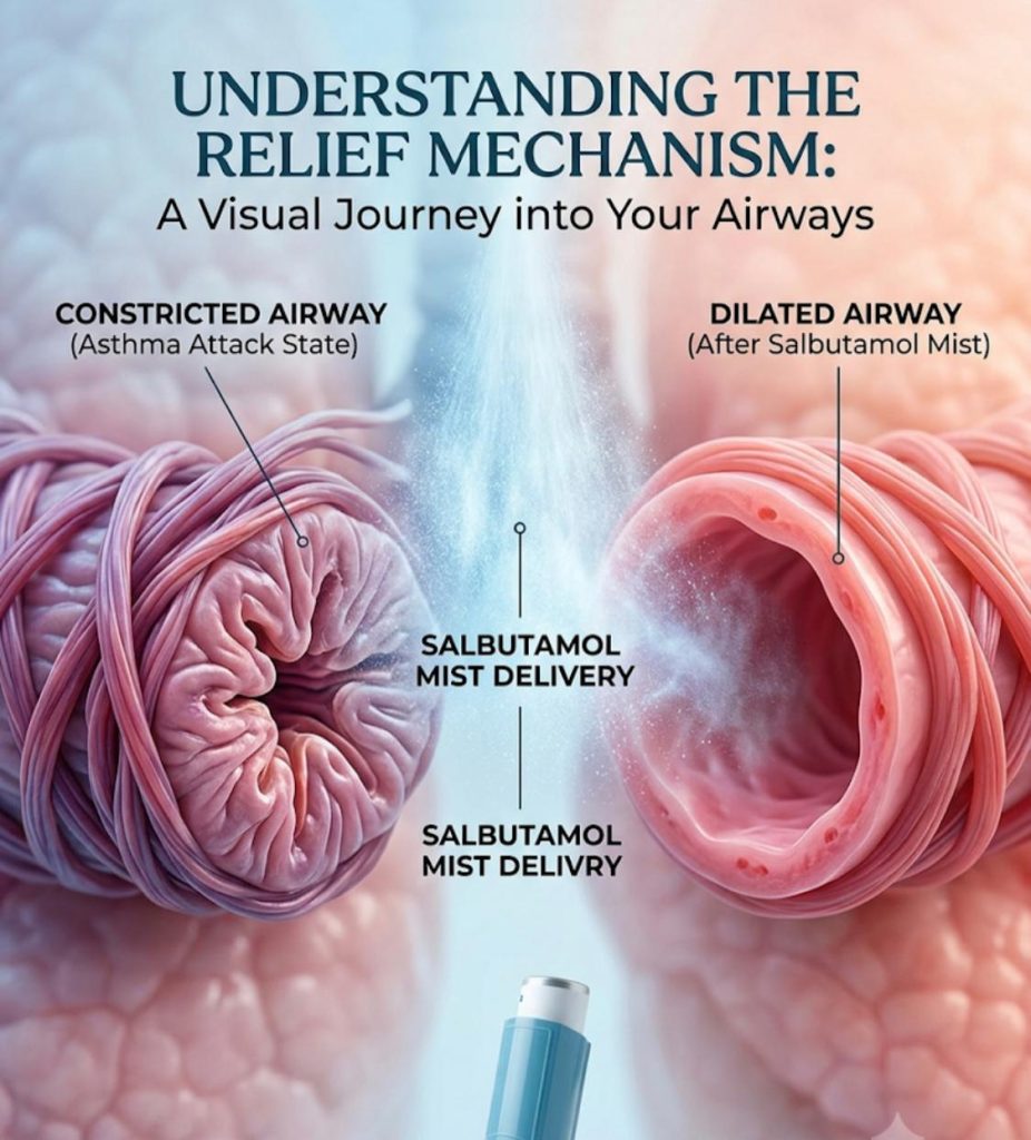 A medical diagram showing a constricted airway during an asthma attack on the left and a dilated airway after salbutamol mist on the right."