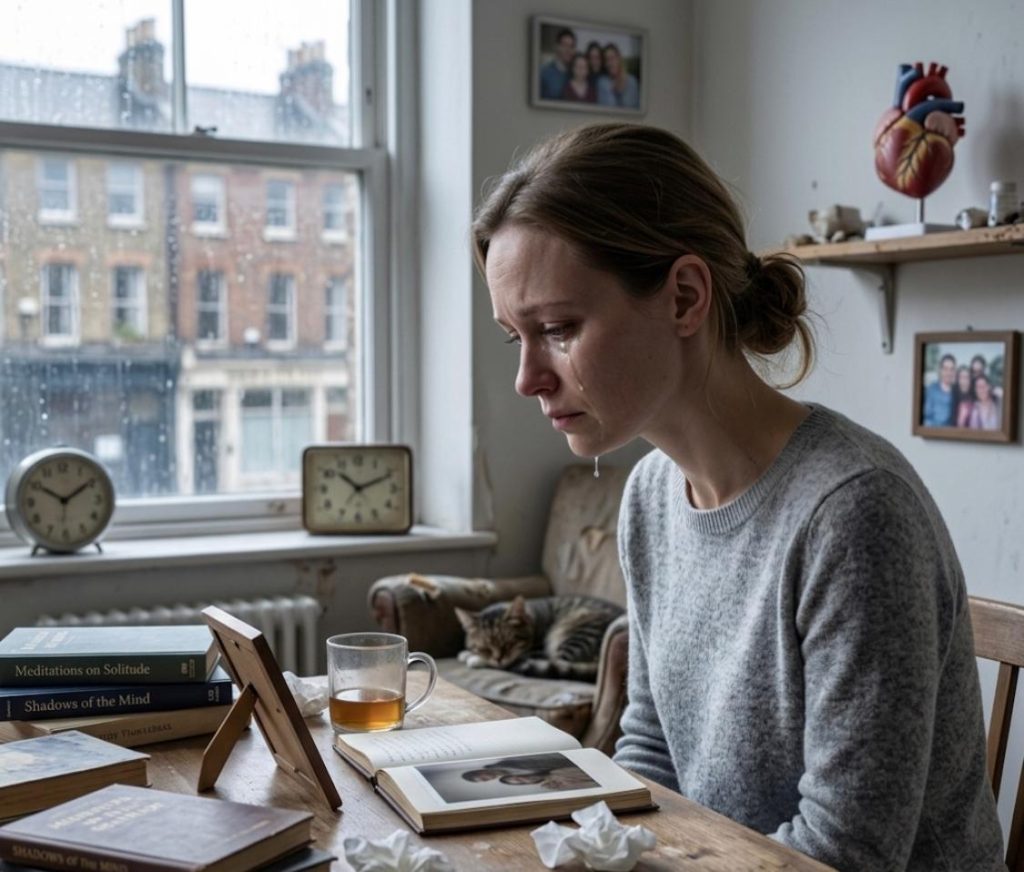 A distressed young woman crying over a photobook in a rainy apartment, surrounded by psychology books and personal effects."