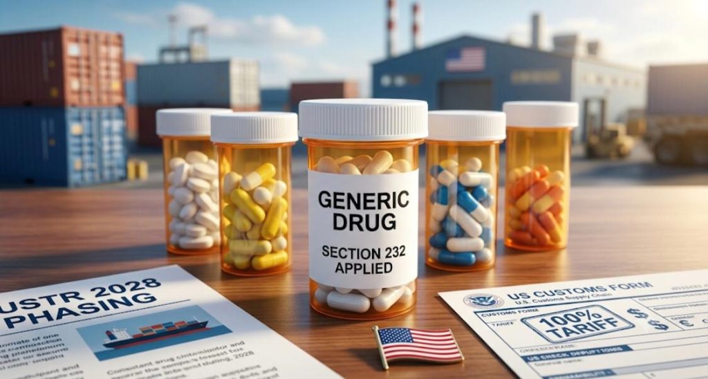 pill bottles on a desk with a 100% tariff form for generic drug tariffs strategy