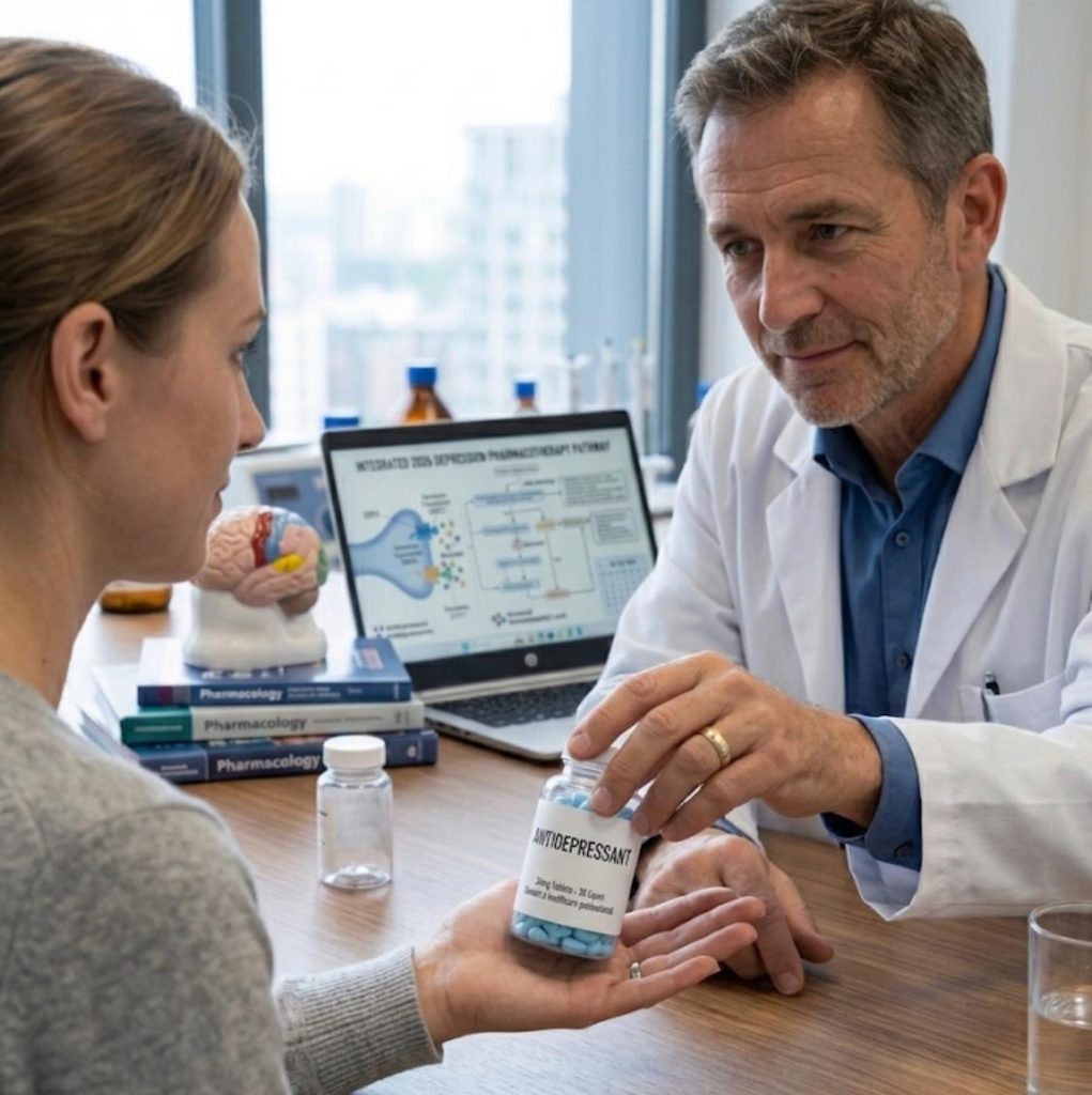 A male doctor in a white coat hands a pill bottle labeled "ANTIDEPRESSANT" to a female patient across a desk with medical books, a brain model, and an open laptop.