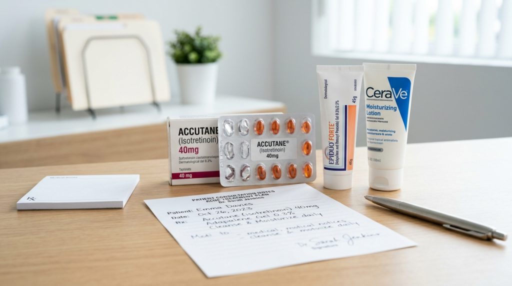 Accutane 40mg box and pill blister pack next to Epiduo Forte gel, CeraVe Moisturizing Lotion, and a doctor's prescription note on a wooden desk