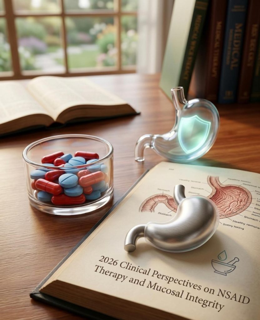 A desk featuring medical books, a glass container filled with assorted pills, an open book displaying an anatomical diagram of the stomach, and glass and metal models of the stomach, with a protective shield symbol visible on them