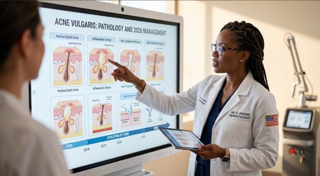 A dermatologist with braids and a US flag patch points to a "Severe Acne 2026 Management" timeline on a medical screen.