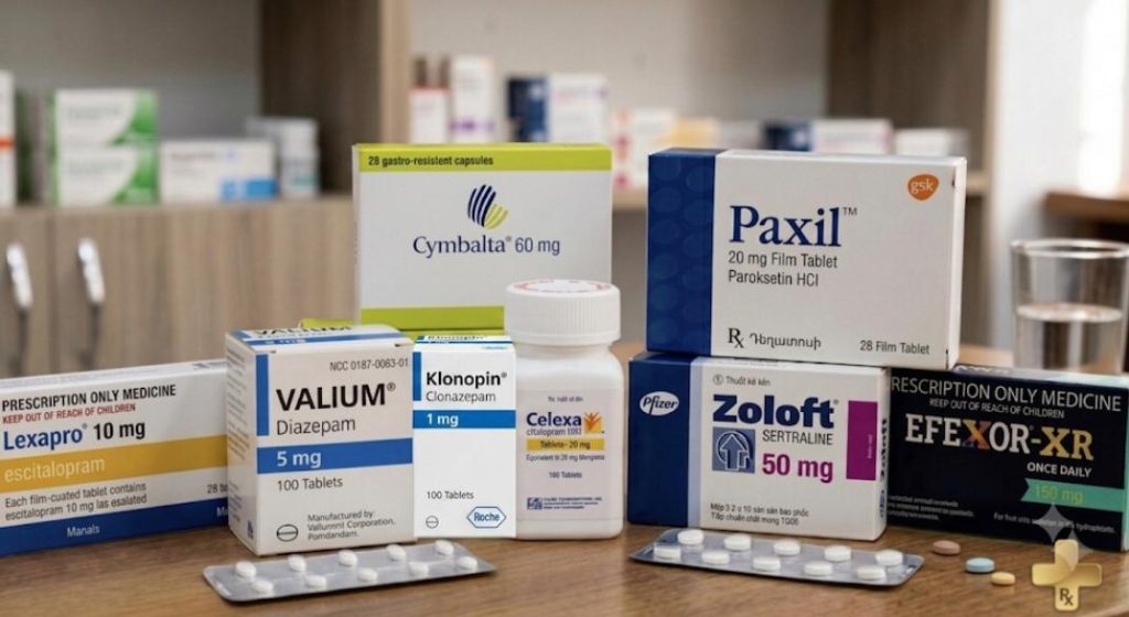 An assortment of seven common prescription psychiatric medication packages and bottles, including Lexapro, Valium, Klonopin, Cymbalta, Celexa, Paxil, and Effexor-XR, neatly arranged on a wooden table with a blister pack and glass of water, emphasizing different strengths and generic names. 