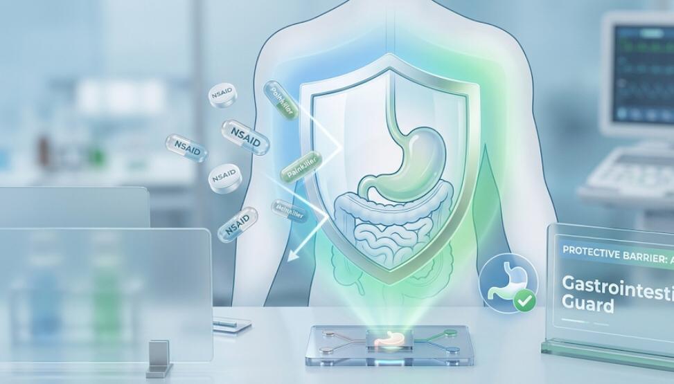 A stylized medical illustration showing a protective shield overlaying a human stomach, deflecting NSAID capsules and painkillers, emphasizing gastrointestinal protection during therapy.