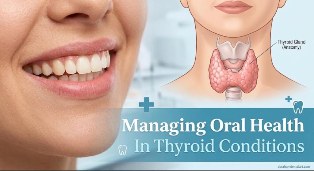 Diagram and close-up showing oral health and thyroid conditions care by Abraham
