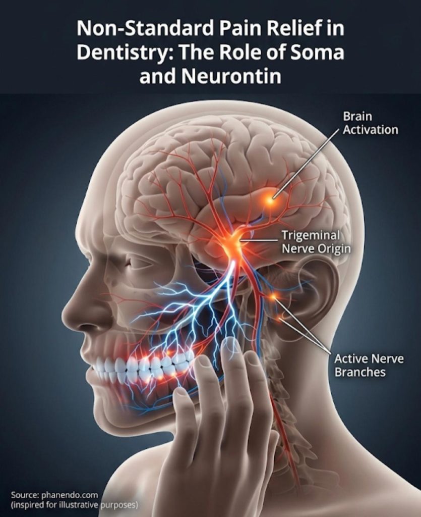 Medical illustration of human head anatomy showing the trigeminal nerve, brain activation, and nerve pathways to the teeth, titled "Non-Standard Pain Relief in Dentistry: The Role of Soma and Neurontin"