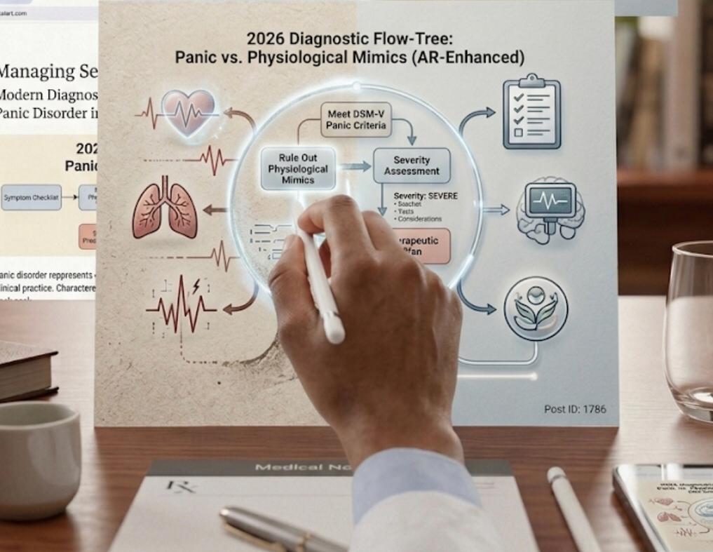 Doctor using a stylus on a medical infographic poster titled 2026 Diagnostic Flow-Tree: Panic vs. Physiological Mimics