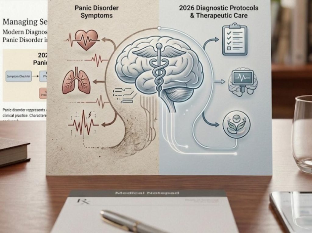 Medical infographic poster on a wooden desk comparing Panic Disorder Symptoms with 2026 Diagnostic Protocols and Therapeutic Care