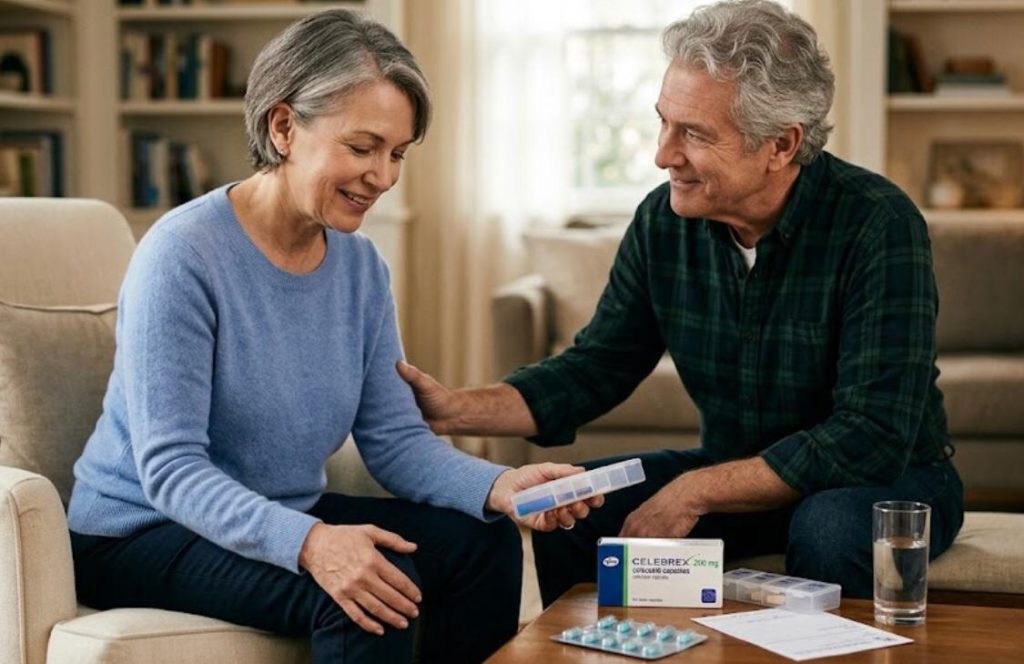 ⁠A senior couple discussing joint pain medication Celebrex with a healthcare provider in a comfortable living room setting.