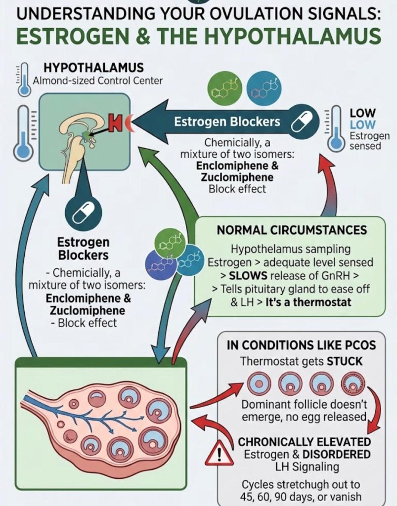 An infographic about ovulation signaling involving estrogen and the hypothalamus, including sections on estrogen blockers, normal physiological feedback mechanisms