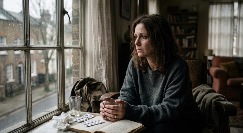A pensive woman sitting by a window at home, reflecting on her recovery journey from alcohol use disorder.