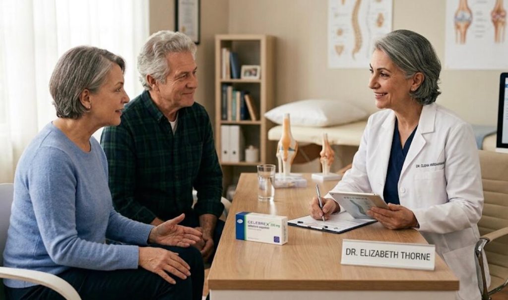 A doctor consulting with a senior couple about joint pain medication Celebrex and knee anatomy in a medical office.