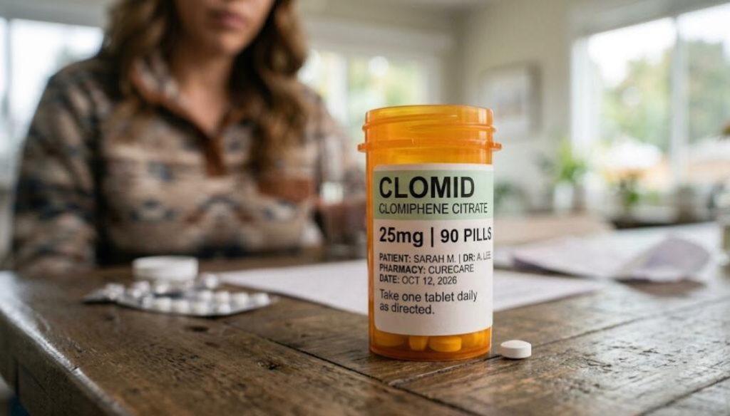 close-up photograph of an orange prescription bottle containing Clomid 25mg tablets, resting on a rustic wooden table. The bottle label is detailed with the patient's