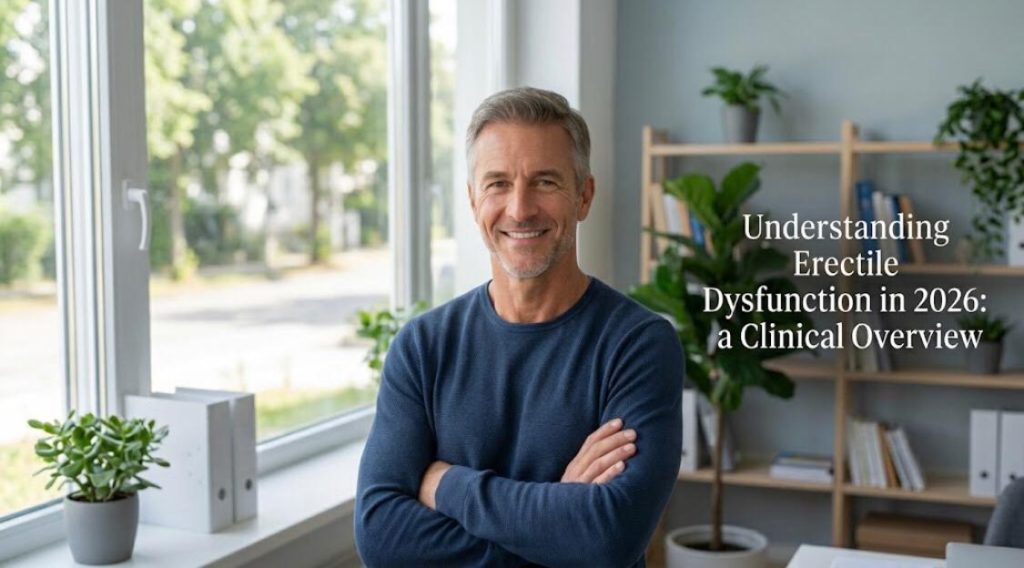 A middle-aged man with gray hair and a blue sweater standing in a sunlit office with his arms crossed, smiling. On the right, there is a text overlay that reads 'Understanding Erectile Dysfunction in 2026
