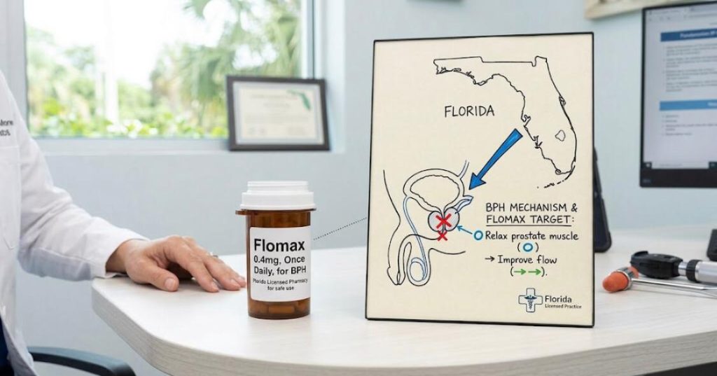 Photo of Flomax bottle with diagram explaining BPH treatment and mechanism.