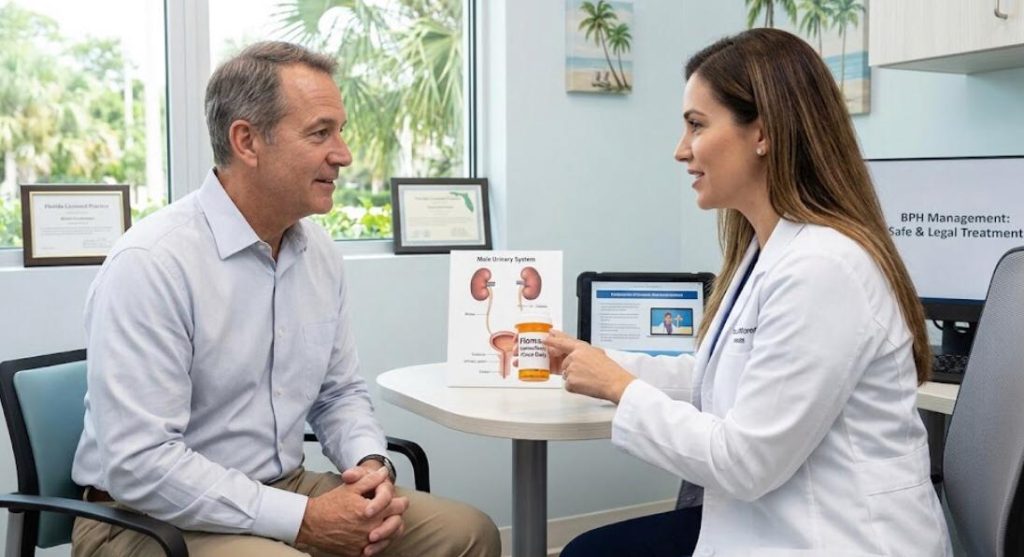 Doctor and older man in a Florida clinic discussing treatment plan"