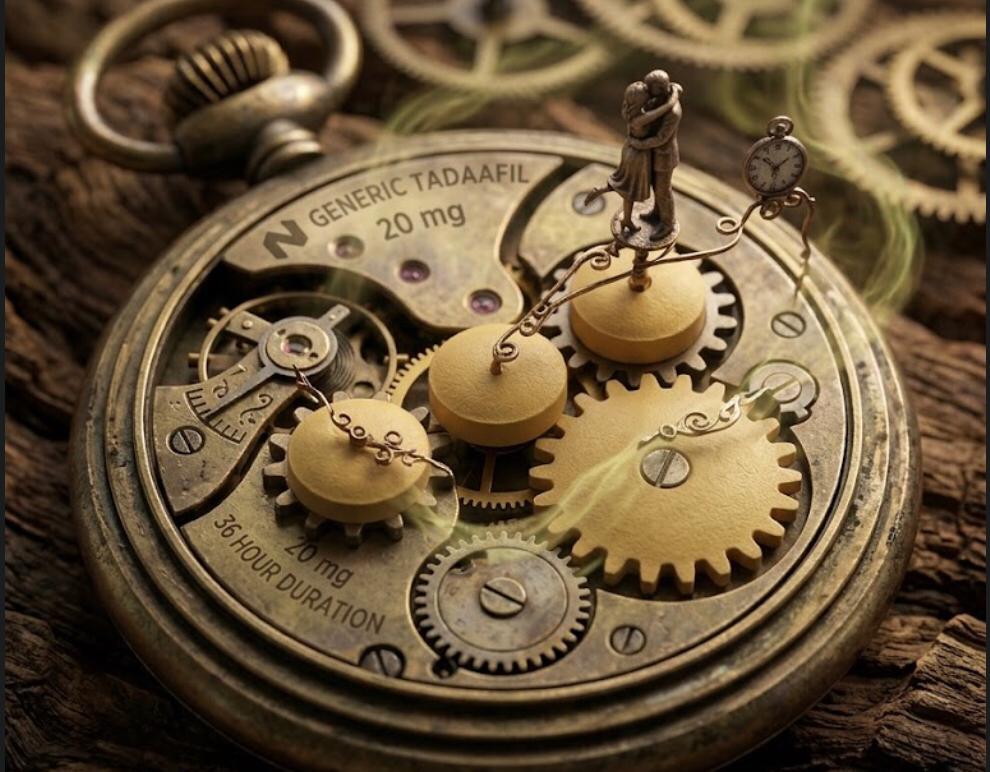A close-up photograph of an antique pocket watch mechanism with three generic Tadalafil pills in the center, functioning as gears. The metal plates of the mechanism have engraved texts like 'GENERIC TADALAFIL,' '20mg,' and '36 HOUR DURATION.' Small golden-green vapor streams are rising from the mechanism, and miniature clockwork arms are visible. The entire structure is resting on a weathered wooden surface.
