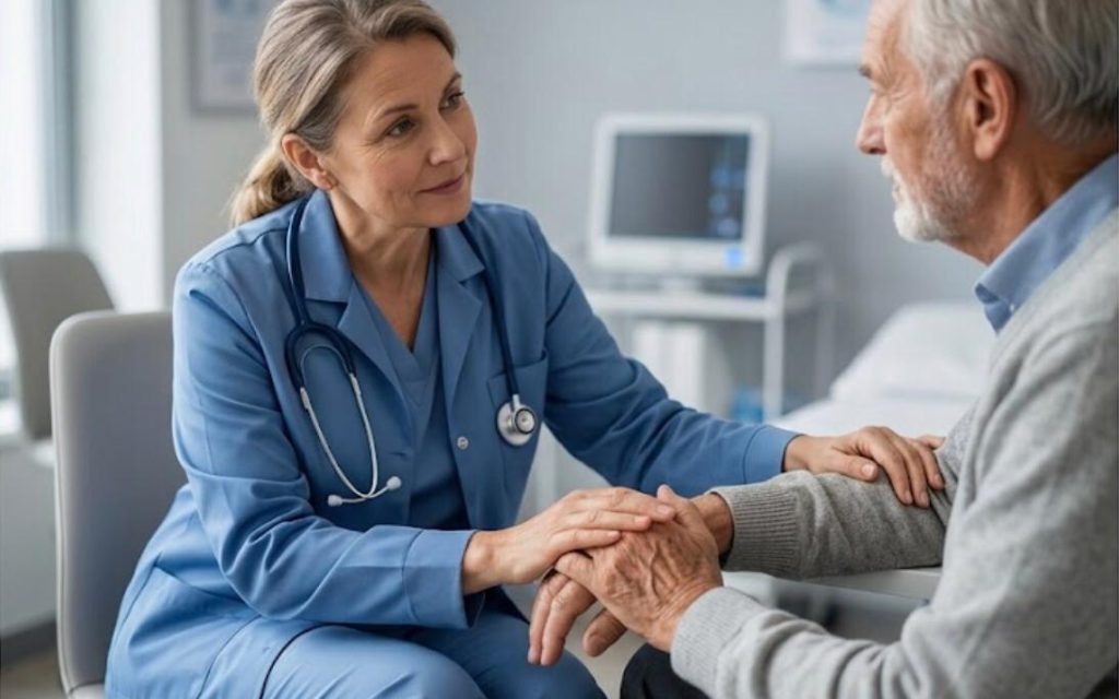 A female doctor in blue scrubs holding hands with a senior patient during a consultation.