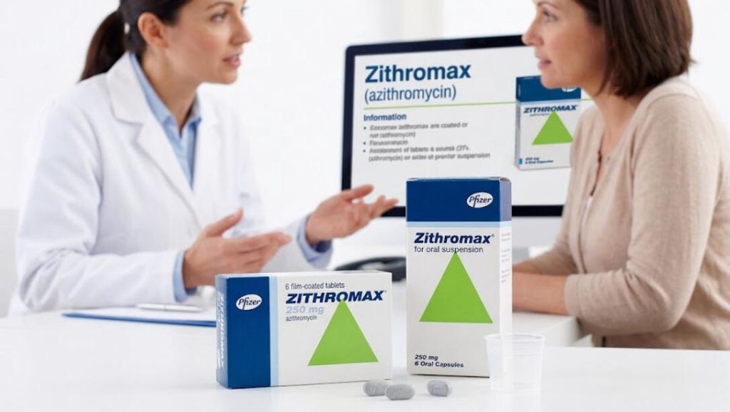 A doctor discussing Zithromax (azithromycin) prescription options with a patient, featuring Pfizer Zithromax 250 mg medicine packages and tablets on the table.