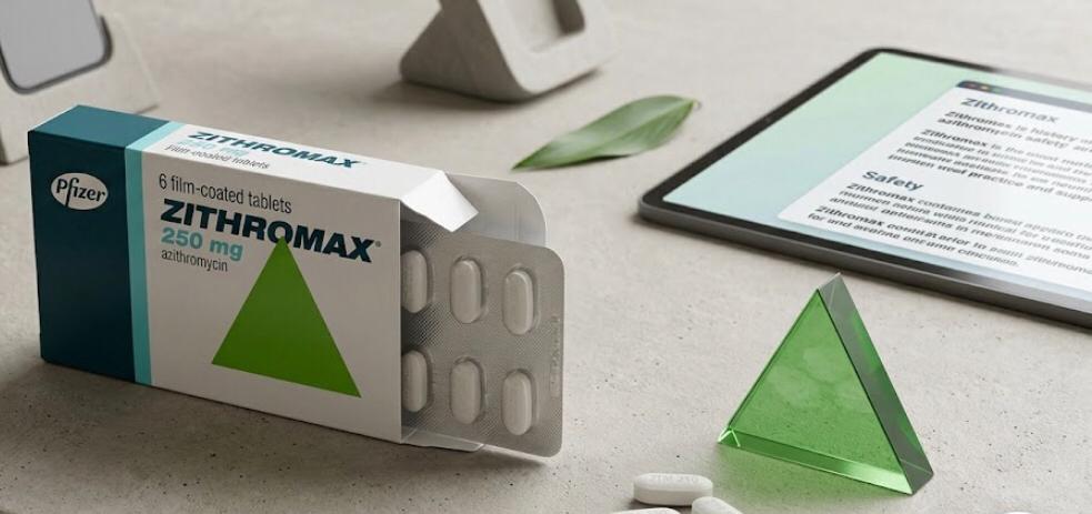 An opened box of Pfizer Zithromax 250 mg tablets with a blister pack sliding out, several white pills on a desk, and a digital tablet showing medical safety information in the background.