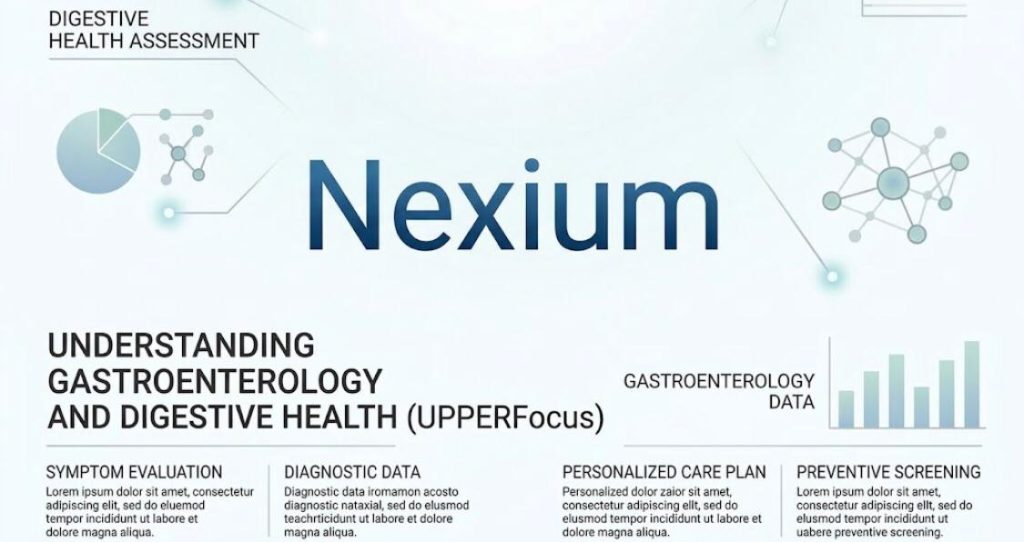 Two white boxes displaying educational text about "Nexium" and digestive health assessment, positioned in front of a background infographic with charts and diagrams on a clean pharmacy counter.