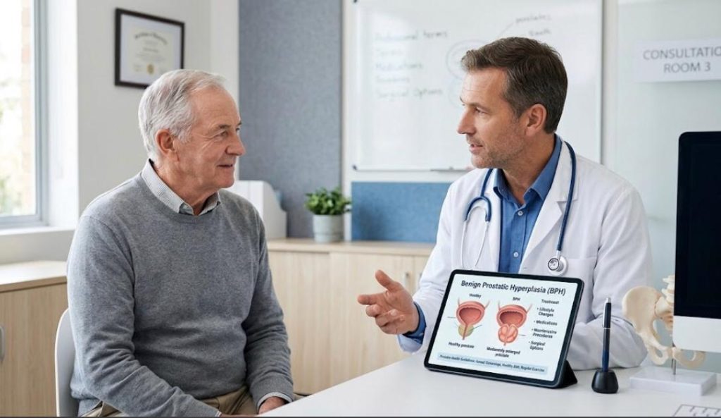 Doctor consulting older male patient about Benign Prostatic Hyperplasia (BPH) management and treatment guidelines using a detailed infographic tablet.