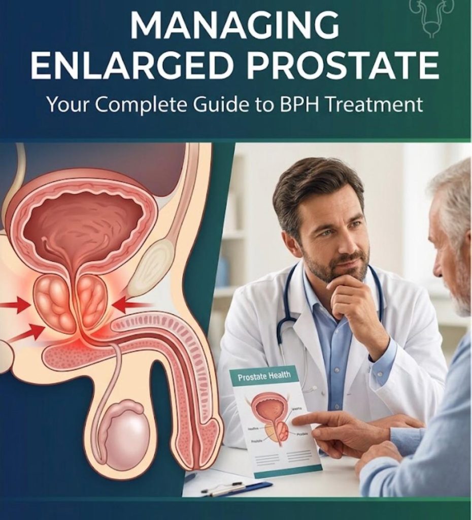 Comprehensive guide on managing enlarged prostate showing a doctor consulting a patient alongside a prostate anatomy diagram.