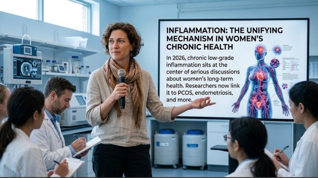 A female lecturer in a linen shirt and scarf speaks into a microphone, gesturing towards a large screen displaying "INFLAMMATION: THE UNIFYING MECHANISM IN WOMEN'S CHRONIC HEALTH" in a modern, clinical research lab, while students take notes.